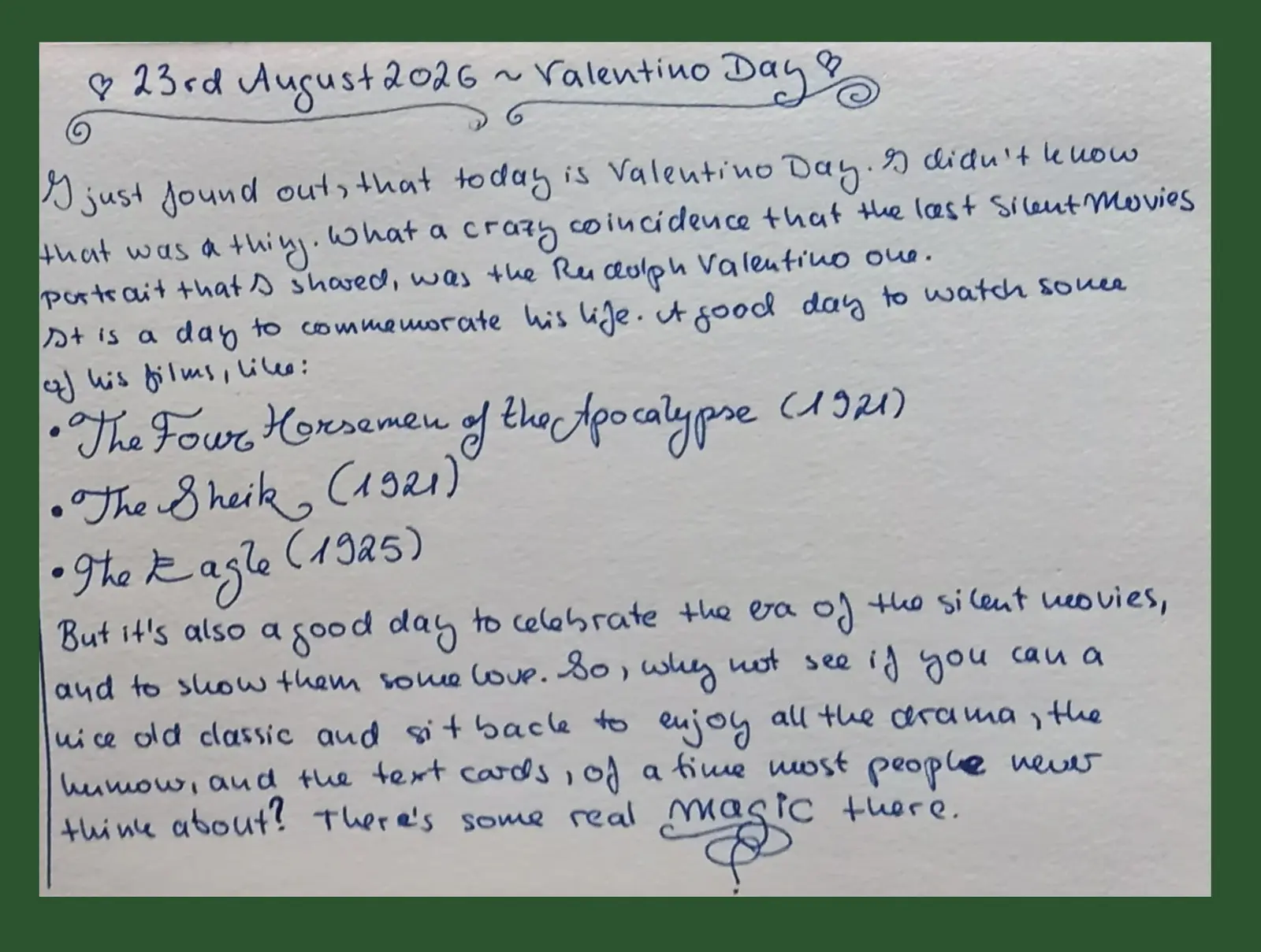 Valentino Day, first handwritten page